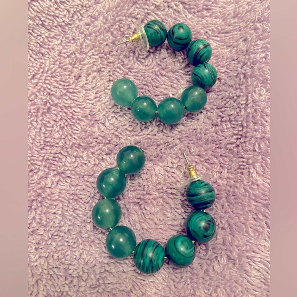 Women’s pierced earrings, Malachite, approximately 1 1/2”